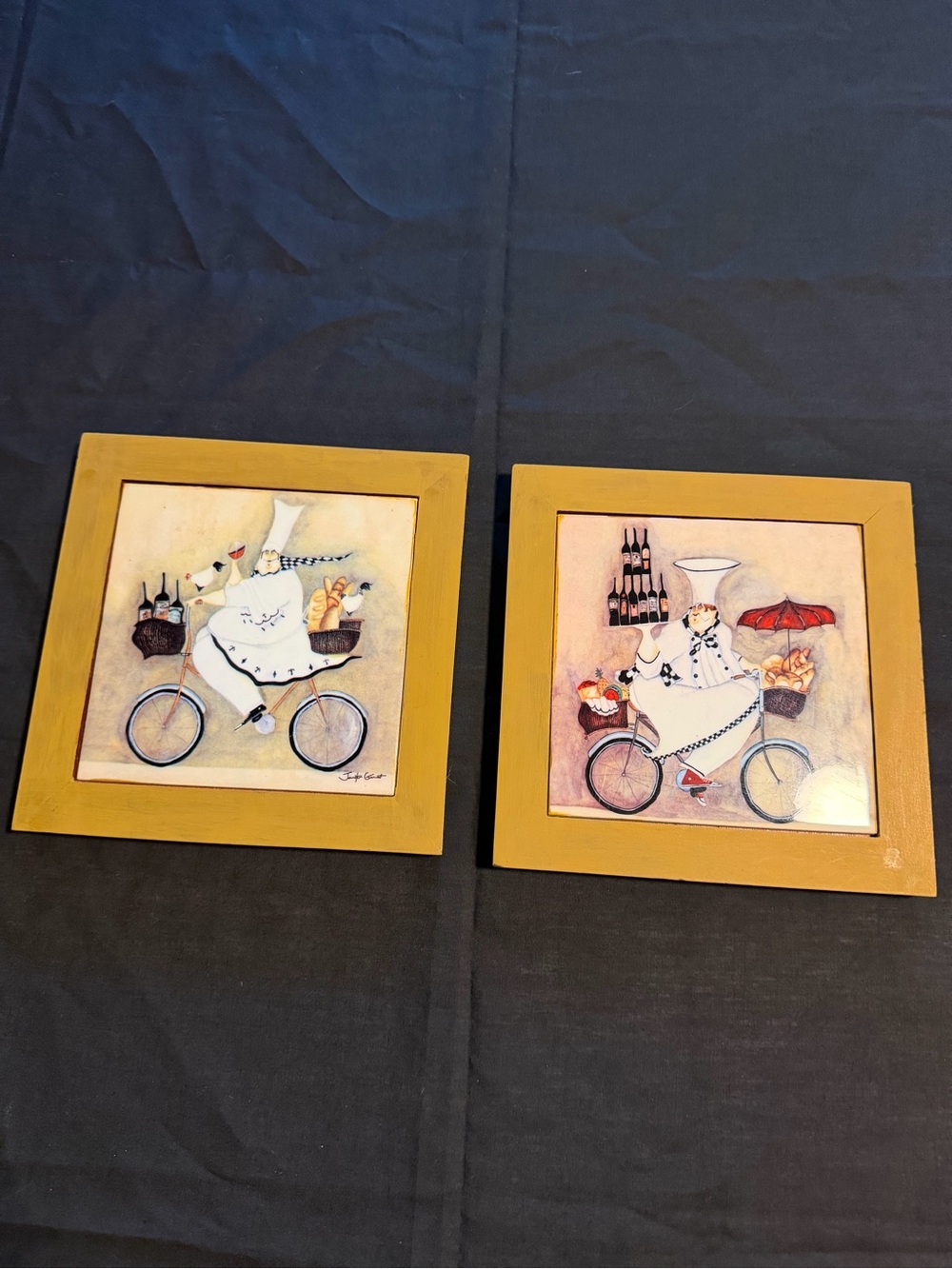 Jennifer Garant  Framed Art Tile Hanging Trivets LOT OF 2 CHEFS ON BICYCLES FUN